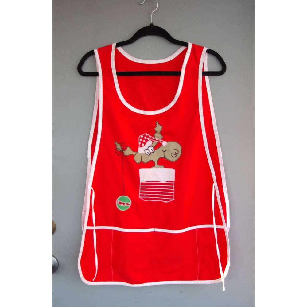 Vintage 70s Christmas Moose Smock Apron‎ Embroidered Unique EUC